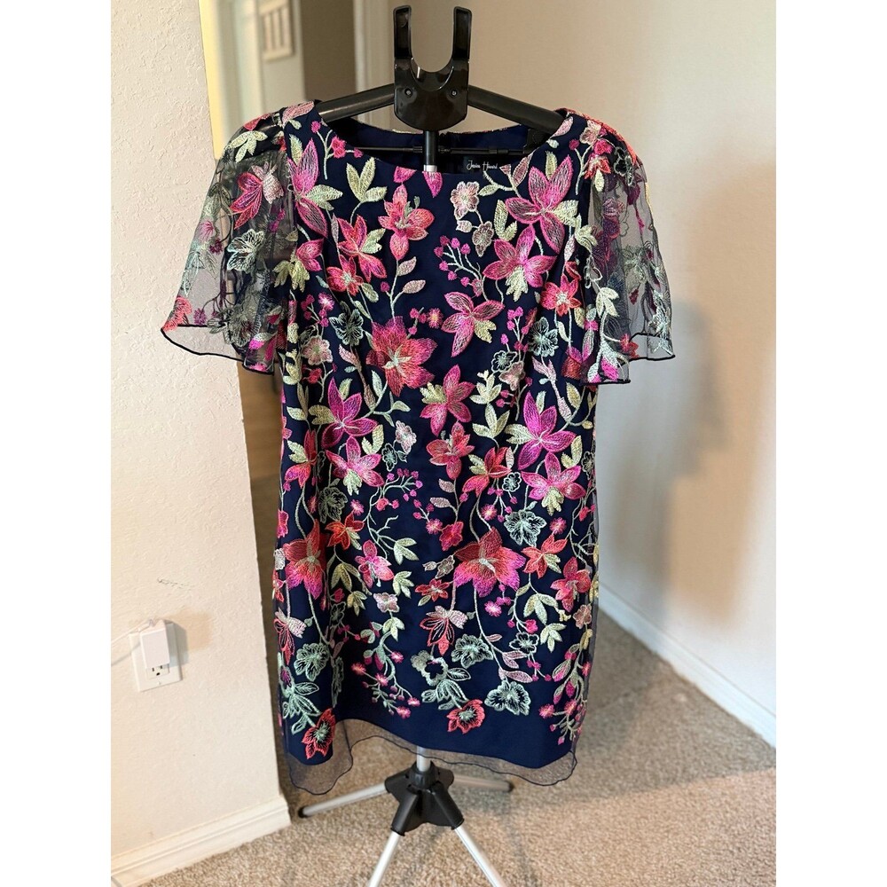 Jessica Howard Embroidered Navy Blue Floral Short-Sleeve Mesh Dress Size 14